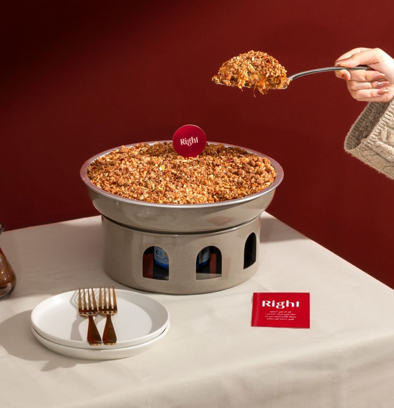 A signature warm dessert in branded service