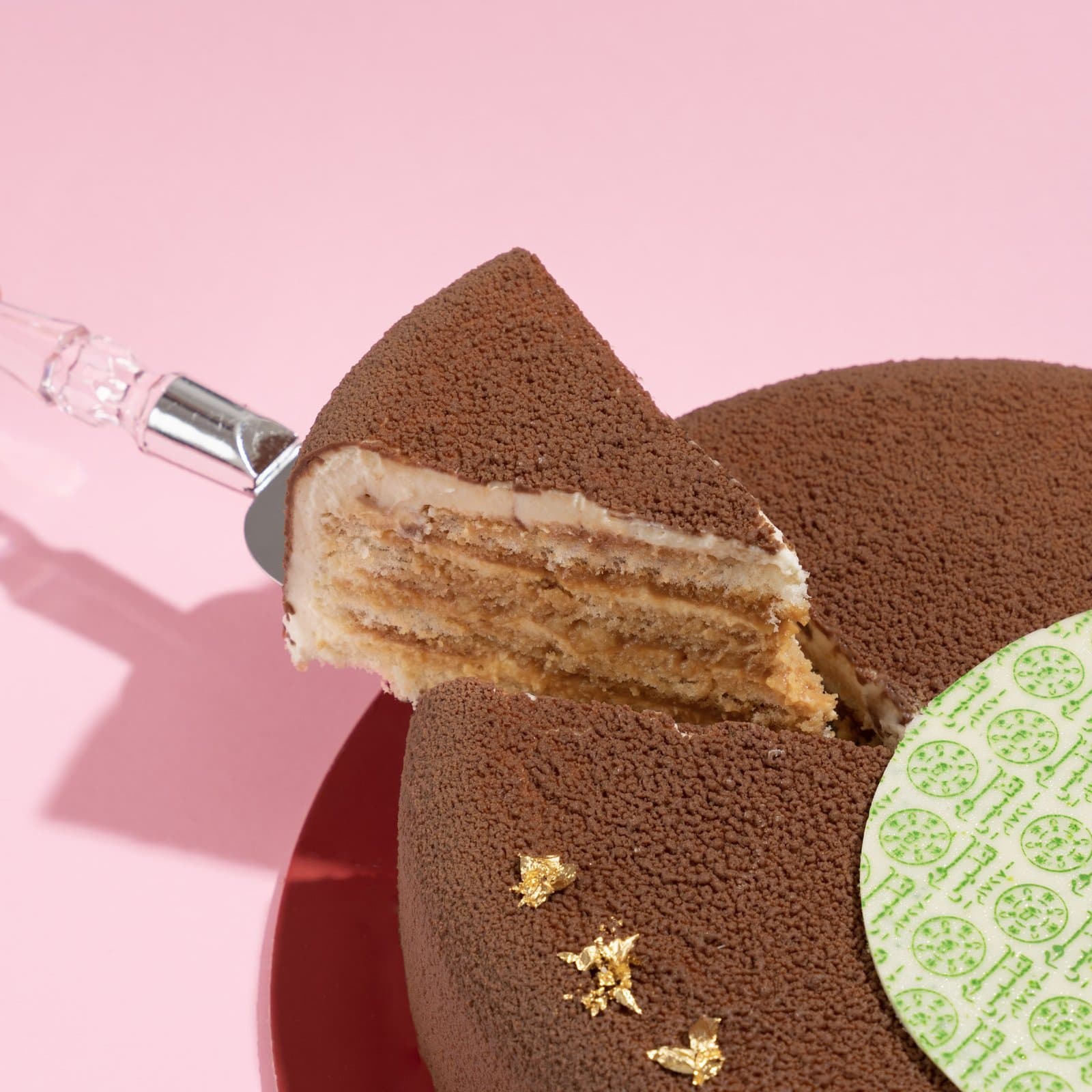 The layered cross-section and a plated slice with coffee